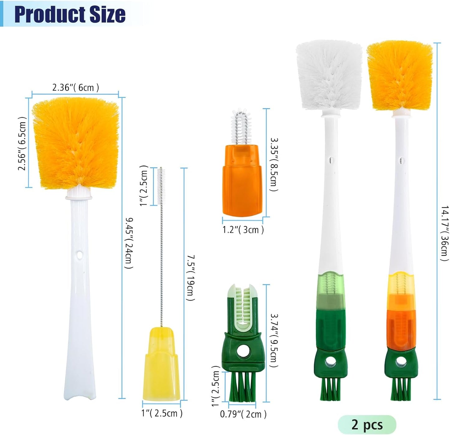 Five-in-one Bottle Brush Set (1Pc Green), Long Handle Bottle Cleaning Brush Straw Brush Nipple Brush Hard-Corner Brush for Sports Water Bottles Caps Mugs Glasswares Tumblers Wine Decanters