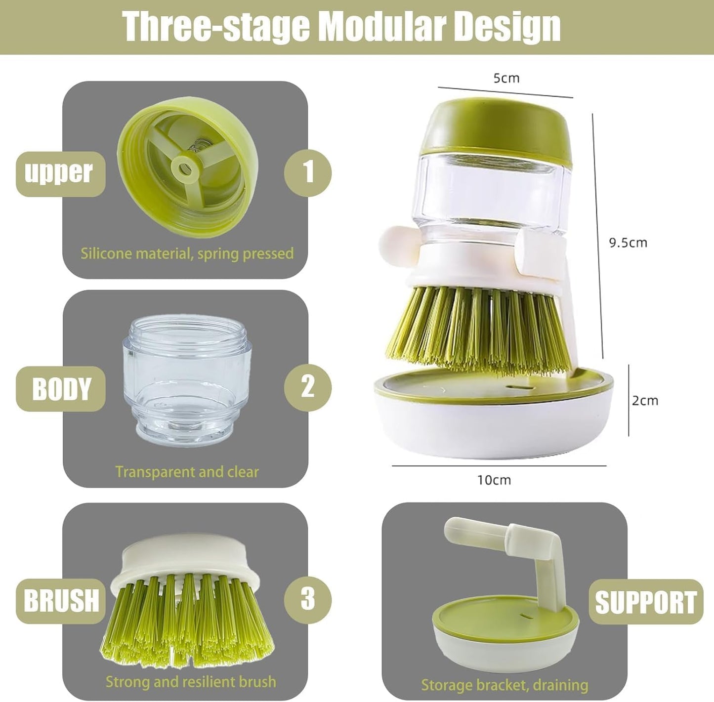Good Grips Soap Dispensing Palm Brush, Dish Scrub Brush, Kitchen Brushes for Dishes, Kitchen Brush with Holder for Pot Pan Sink Cleaning (Gray)