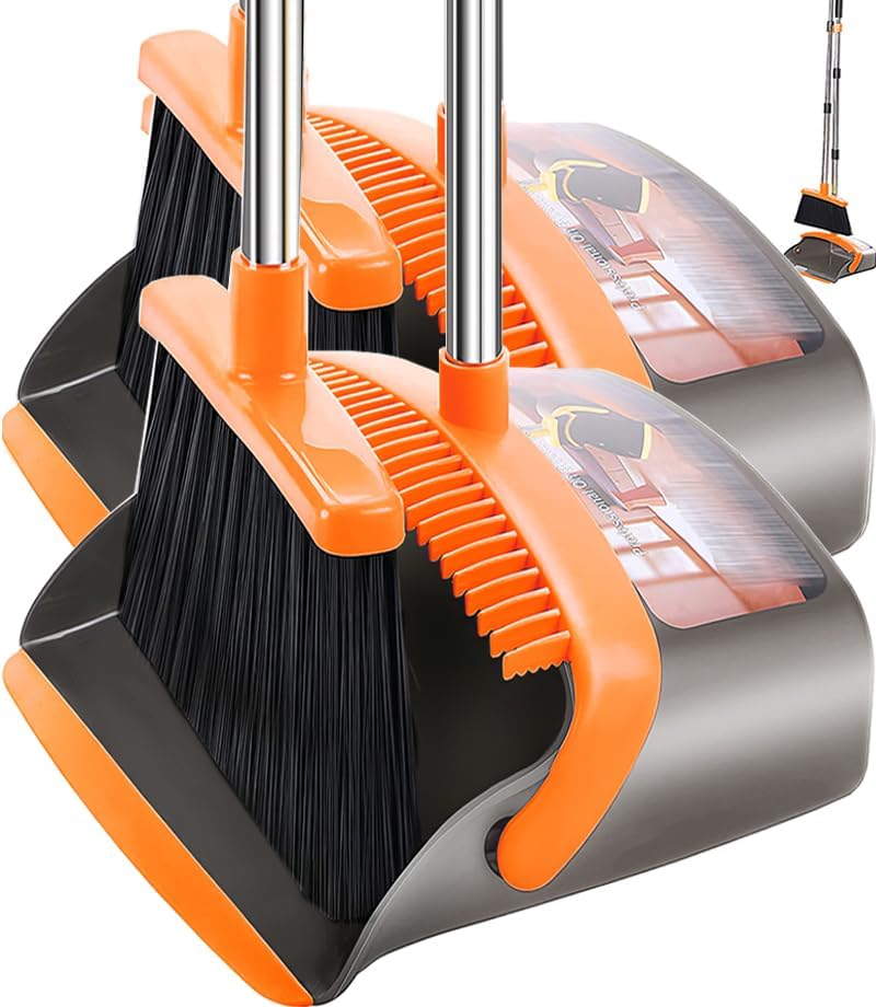 2-Pack is More economical,Brooms with Dustpan Combo Set， with 52" Long Handle, Dustpan Teeth with self-Cleaning Function, Indoor and Outdoor Sweeping, Perfect for Home Office (Large/Red /2-Pack)
