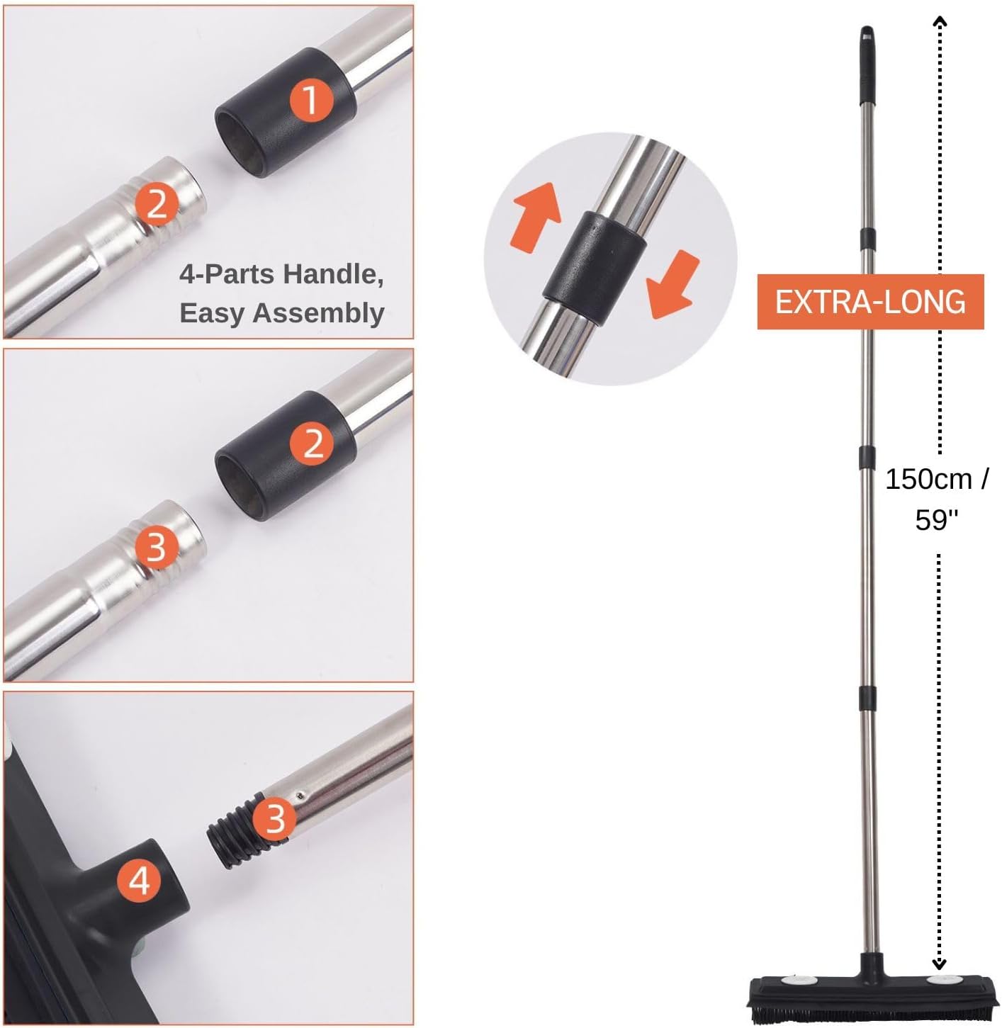 Carpet Rake Reusable Pet Hair Remover Rubber Broom with Squeegee for Pet Hair Removal Tool 59" Long Handle Cat and Dog Hair Remover for Area Rugs, Carpet, Hardwood Floor, Tile