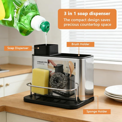 Soap Dispenser for Kitchen & Bathroom Sink, 3 in 1 Dish Soap Dispenser with Sponge Holder Dish Brush & Brush Holder, Stainless Steel Sink Caddy Organizer Kitchen Soap Dispenser Set Countertop