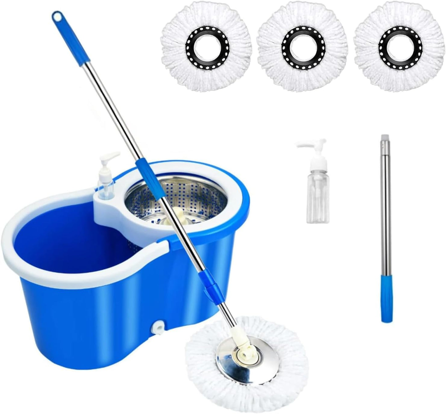Spin Mop and Bucket with Wringer Set,for Floor Cleaning,with Floor Scrub Brush,61" Adjustable Handle and 6 Microfiber Mop Head(White)