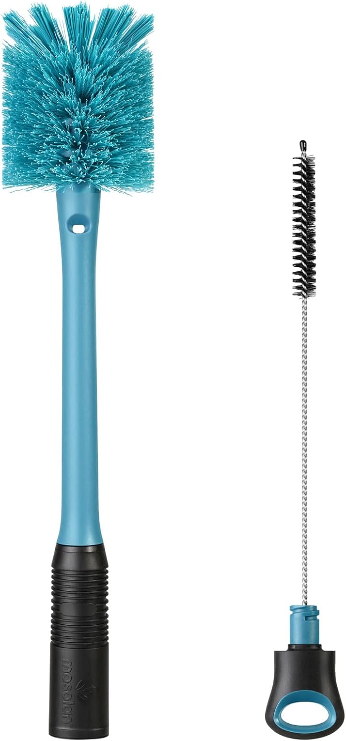 MOSOLAN 2-in-1 Water Bottle Brush and Straw Cleaner Brush, Long Handle Scrub Brush with Replaceable Head for Water Bottles, Glasswares, Mugs, Flasks, Tumblers, Vases, and Kitchen Sink, Smokey Blue