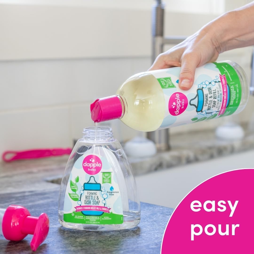 Dapple Baby Fragrance-Free Foaming Baby Bottle & Dish Soap - 13 fl oz - Cleans Bottles, Sippy Cups, Pacifiers, Breast Pumps, & More - Gently Removes Milk Film & Odors - Fragrance Free