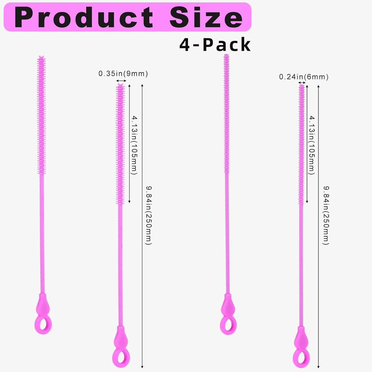 Silicone Straw Cleaner Brush, 4-Piece Reusable Straw Brush Set with Extra-Long Design for Cleaning Thin Metal Straws and Wider Milkshake Straws （6mm+9mm Pink)