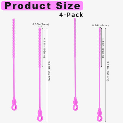 Silicone Straw Cleaner Brush, 4-Piece Reusable Straw Brush Set with Extra-Long Design for Cleaning Thin Metal Straws and Wider Milkshake Straws （6mm+9mm Pink)