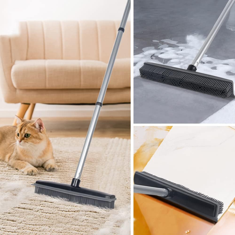 LandHope Carpet Rake for Pet Hair Remover Long Handle with Squeegee, Rubber Broom Carpet Brush Non Scratch Bristles Fur Remover Indoor Outdoor Push Broom for Cat Dog Hair Hardwood Tile Windows Clean