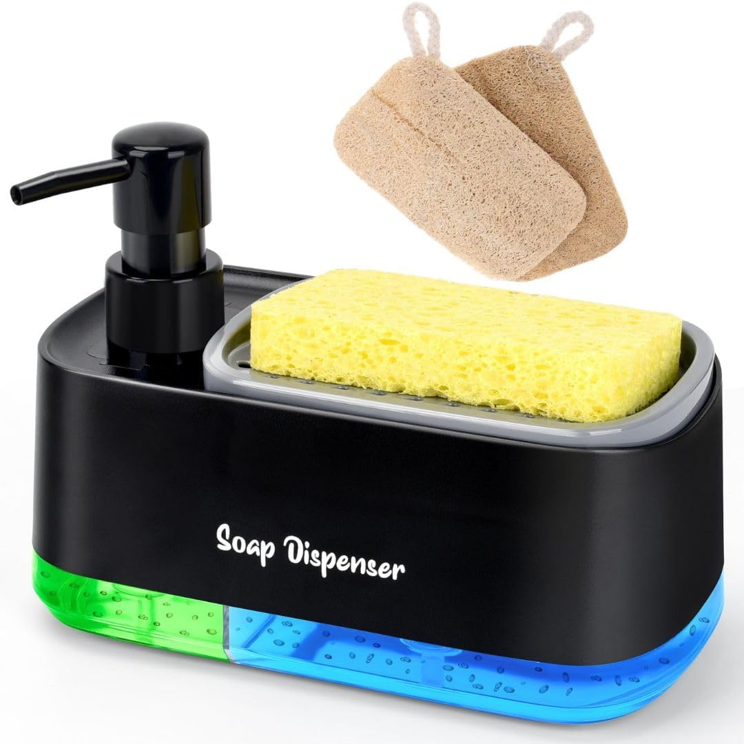Kitchen Dish Soap Dispenser with Sponge Holder, 2-in-1 Countertop Soap Pump Dispenser, Soap Dispenser for Kitchen Sink with 2-Packs Wire Dishwashing Rag,Black