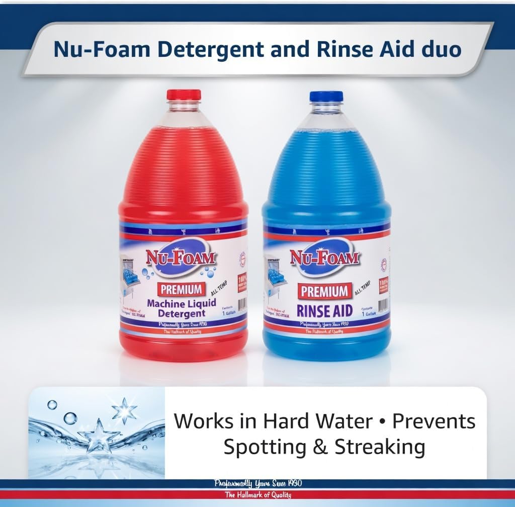 Nu-Foam Premium Commercial Dishwasher Detergent and Rinse Aid Set, 1 Gallon Each