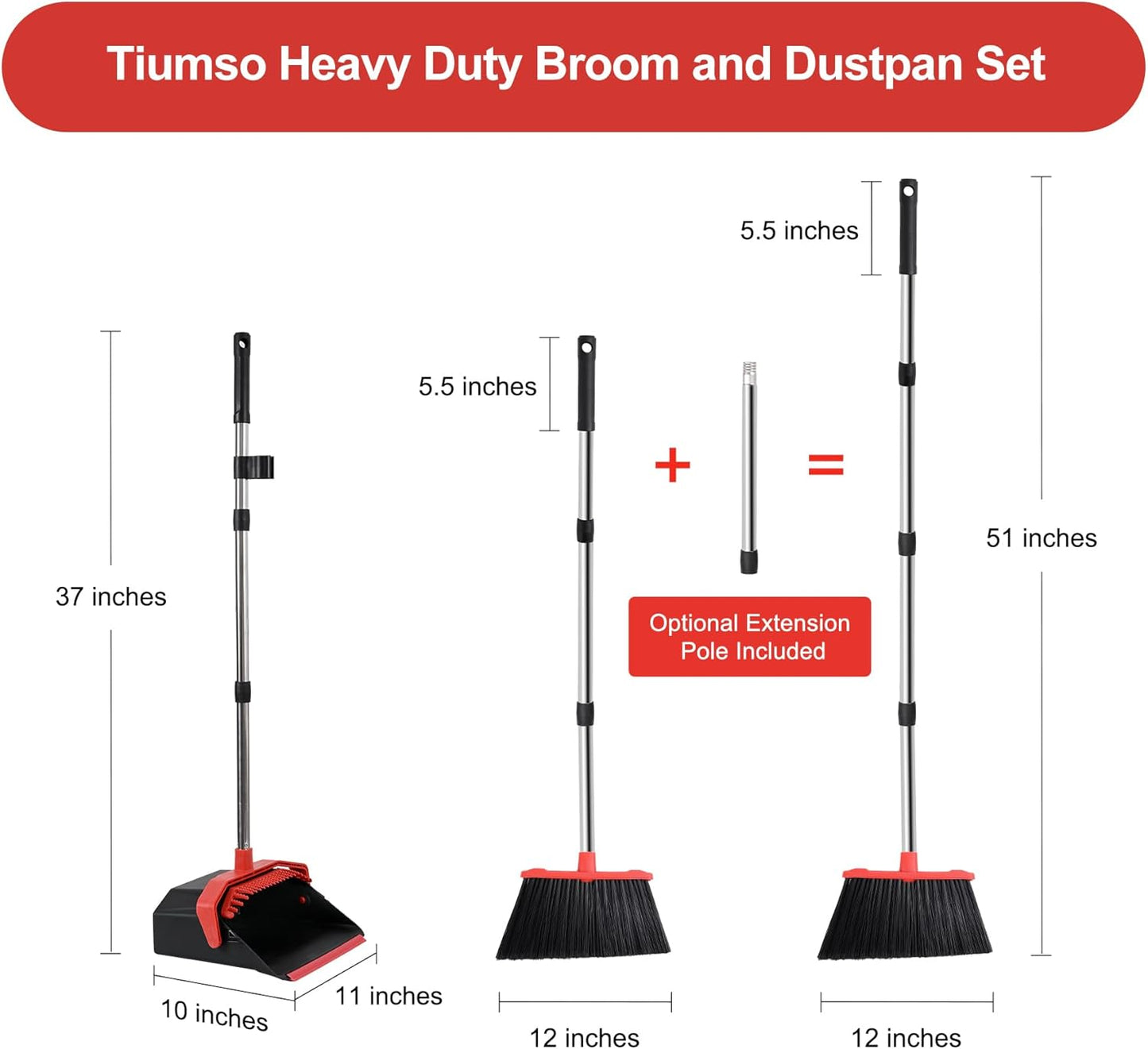 Tiumso Upgrade Broom and Dustpan Set, Broom with Dustpan Combo Sets, Large Brooms and Dust Pan with Handle, Self-Cleaning Dust Pans, Heavy Duty Broom and Dustpans Set for Lobby Kitchen Office - Green