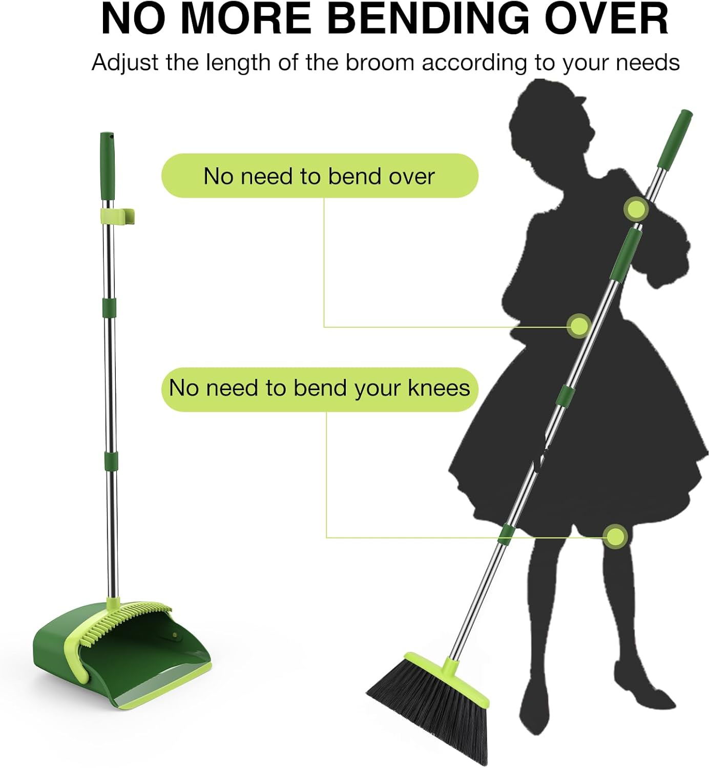 NACENA Broom and Dustpan Set, 52-in Long Adjustable Handle Broom Dustpan Combo with Dustpan Teeth to Automatically Clean Hair Suitable for Home Kitchen Office Hall Floor（Black&Red）