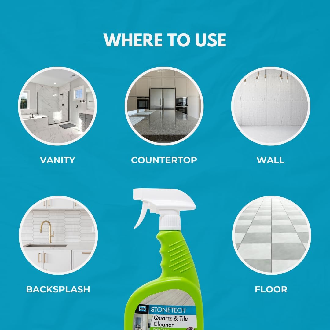 StoneTech Quartz & Tile Cleaner Spray – Quartz Countertop Cleaner for Engineered Stone, Ceramic & Porcelain – Removes Dirt & Spills – 2-Pack, 24oz Each + 2 Microfiber Cloths Fresh Scent