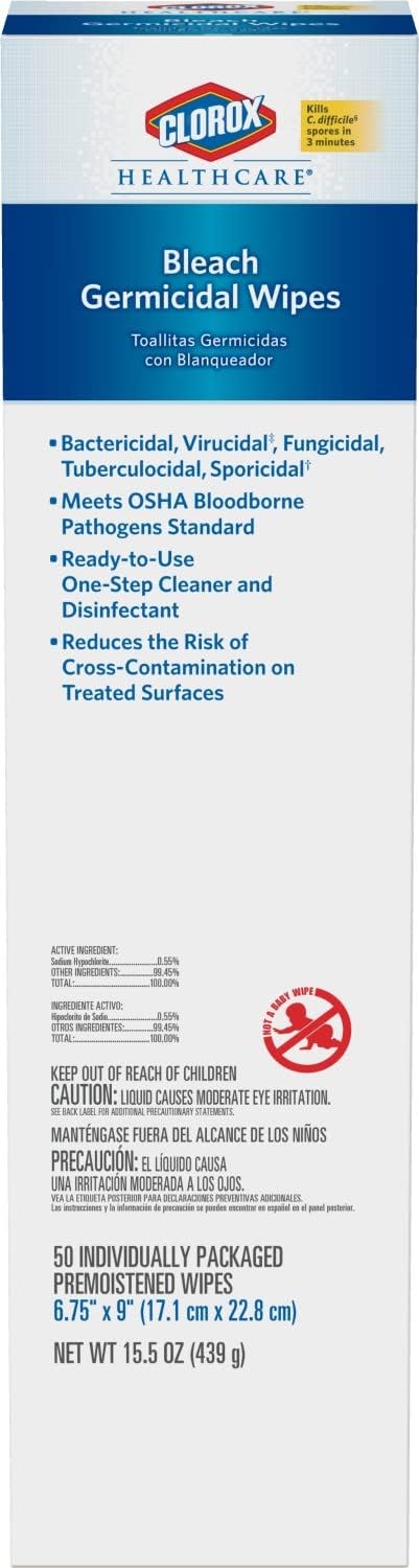 Clorox Healthcare Bleach Germicidal Wipes Bucket, 12" x 12", 110 Count Bucket (Package May Vary)