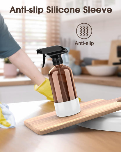 Bontip Glass Spray Bottle with Silicone Sleeve Protection, Amber Glass Spray Bottle Set for Window Cleaner Aromatherapy Facial Hydration Watering Flowers Hair Care 2 Pack/16 oz (Black & Brown)