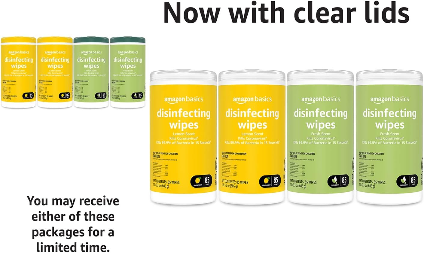 Amazon Basics Disinfecting Wipes, Lemon & Fresh Scent, Thick, Sanitizes/Cleans/Disinfects/Deodorizes, 340 Count (4 Packs of 85)