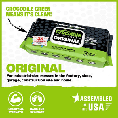 Crocodile Cloth Original Cleaning Wipes, 600 Count (12 Packs of 50 Count), Heavy-Duty 15” x 10” Multi-Surface Shop Wipes, Water-Based, Safe on Skin, Cuts Grease, Grime & Dirt