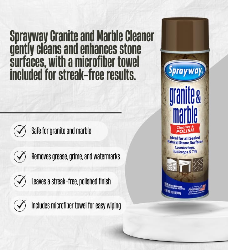Sprayway Granite and Marble Cleaner 19 oz Spray Bundle with Microfiber Cloth – Cleans and Polishes Natural Stone Surfaces – Granite Countertop Cleaner – Gift Set (2 Items)