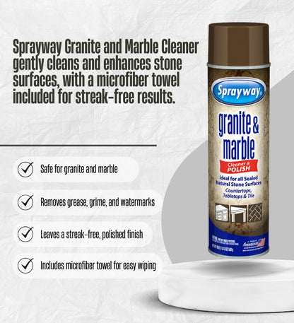 Sprayway Granite and Marble Cleaner 19 oz Spray Bundle with Microfiber Cloth – Cleans and Polishes Natural Stone Surfaces – Granite Countertop Cleaner – Gift Set (2 Items)