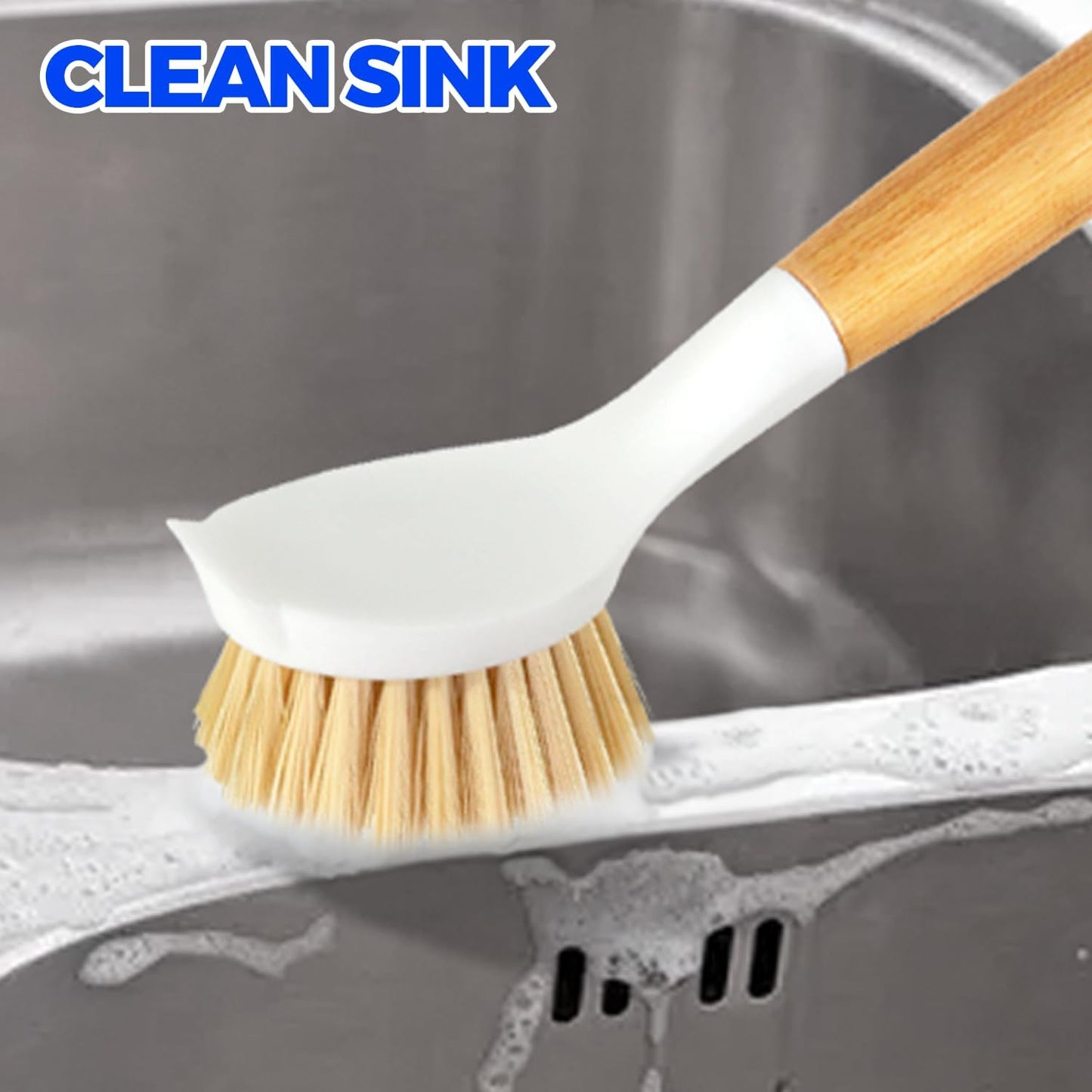 Holikme 3 Pack Dish Brush Set with Bamboo Handle, Kitchen Brushes for Cleaning Pot, Sink and Stove, Skillet Scrubber with Tough Bristles for Cast Iron Grill Pan, Yellow White Black