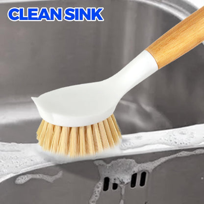 Holikme 3 Pack Dish Brush Set with Bamboo Handle, Kitchen Brushes for Cleaning Pot, Sink and Stove, Skillet Scrubber with Tough Bristles for Cast Iron Grill Pan, Yellow White Black