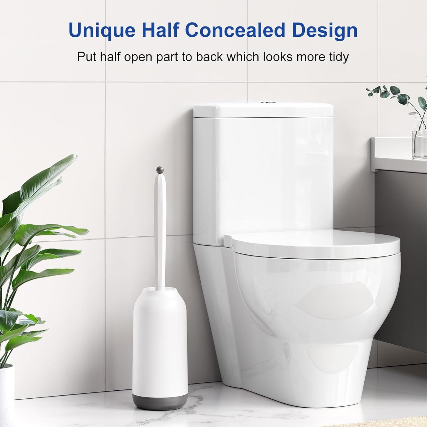 HAMITOR Toilet Bowl Brush Holder Set: Deep Cleaning Silicone Toilet Cleaner Scrubber Under Rim with Curved Bristle for Bathroom Dead Corner Clean - Modern Rv Toilet Decorative Accessories - Gray