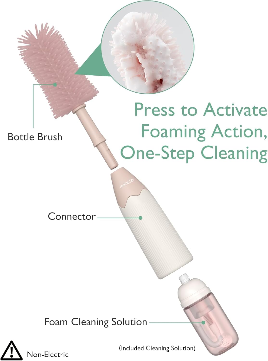 Momcozy Bottle Brush Set - Baby Bottle Cleaner Kit with Silicone Brush, Nipple Brush, Straw Brush, Soap Dispenser, Drying Rack - 7 in 1 Bottle Cleaning Tool for Home and Travel, Green