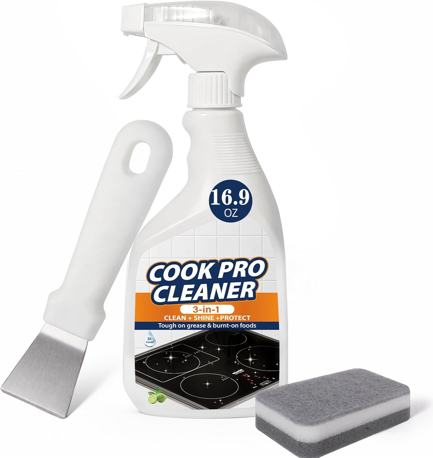 3-in-1 Stove Top and Oven Cleaner Kit - Glass Cooktop Cleaner for Ceramic Electric Gas & Induction Stoves - Includes Heavy Duty Scraper and Double-Sided Sponges for Burnt-on Grease, Oil & Grime