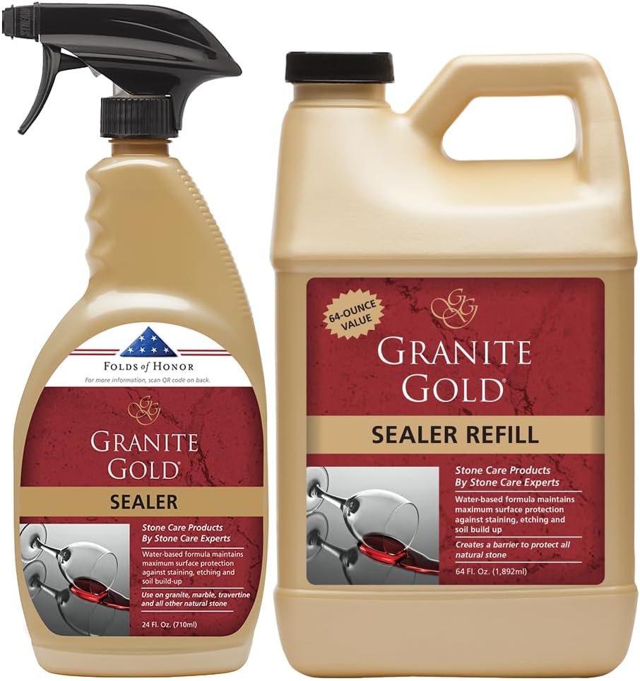 Granite Gold Granite Sealer Combo Pack, Water-Based Sealer Spray and Refill for Granite, Marble, Travertine, Natural Stone Countertops, 24 oz + 64 oz
