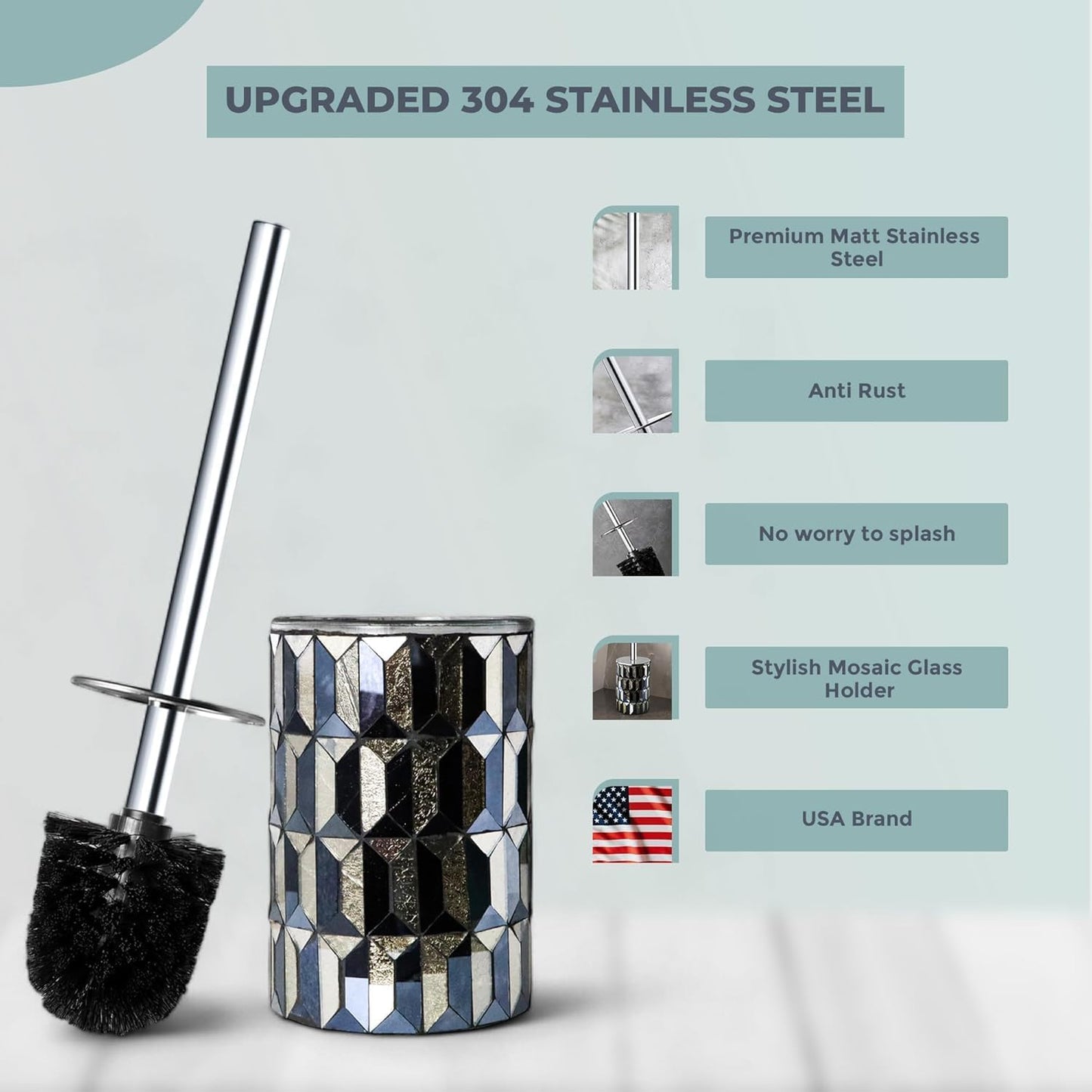 Escenzy Turquoise Green Toilet Brush and Holder Set Mosaic Glass | Non-Rustic Stainless Steel | Practical & Decorative Toilet Bowl Brush and Holder | Luxury Green Bathroom Accessories