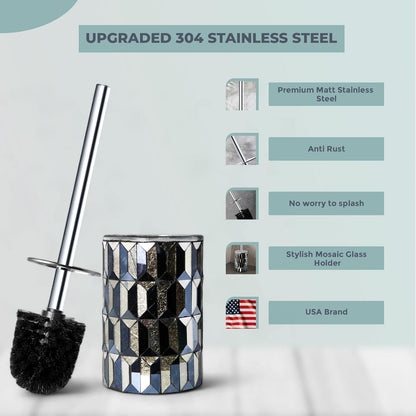 Escenzy Turquoise Green Toilet Brush and Holder Set Mosaic Glass | Non-Rustic Stainless Steel | Practical & Decorative Toilet Bowl Brush and Holder | Luxury Green Bathroom Accessories