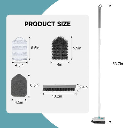 nacena Shower Scrubber with Long Handle, 3 in 1 Tile Tub Scrubber Brush with 3 Detachable Cleaning Heads Adjustable Handle Shower Cleaner Brush for Bathroom, Kitchen, Toilet, Wall, Sink, Blue White