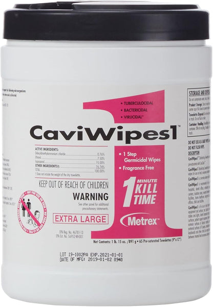 Metrex CaviWipes1 XL Surface Disinfectant Towelettes – Durable Non-Woven Disinfecting Wipes for Hard, Non-Porous Surfaces, Pre-Saturated with CaviCide1 – 9" x 12", 65 Wipes per Canister (Pack of 1)