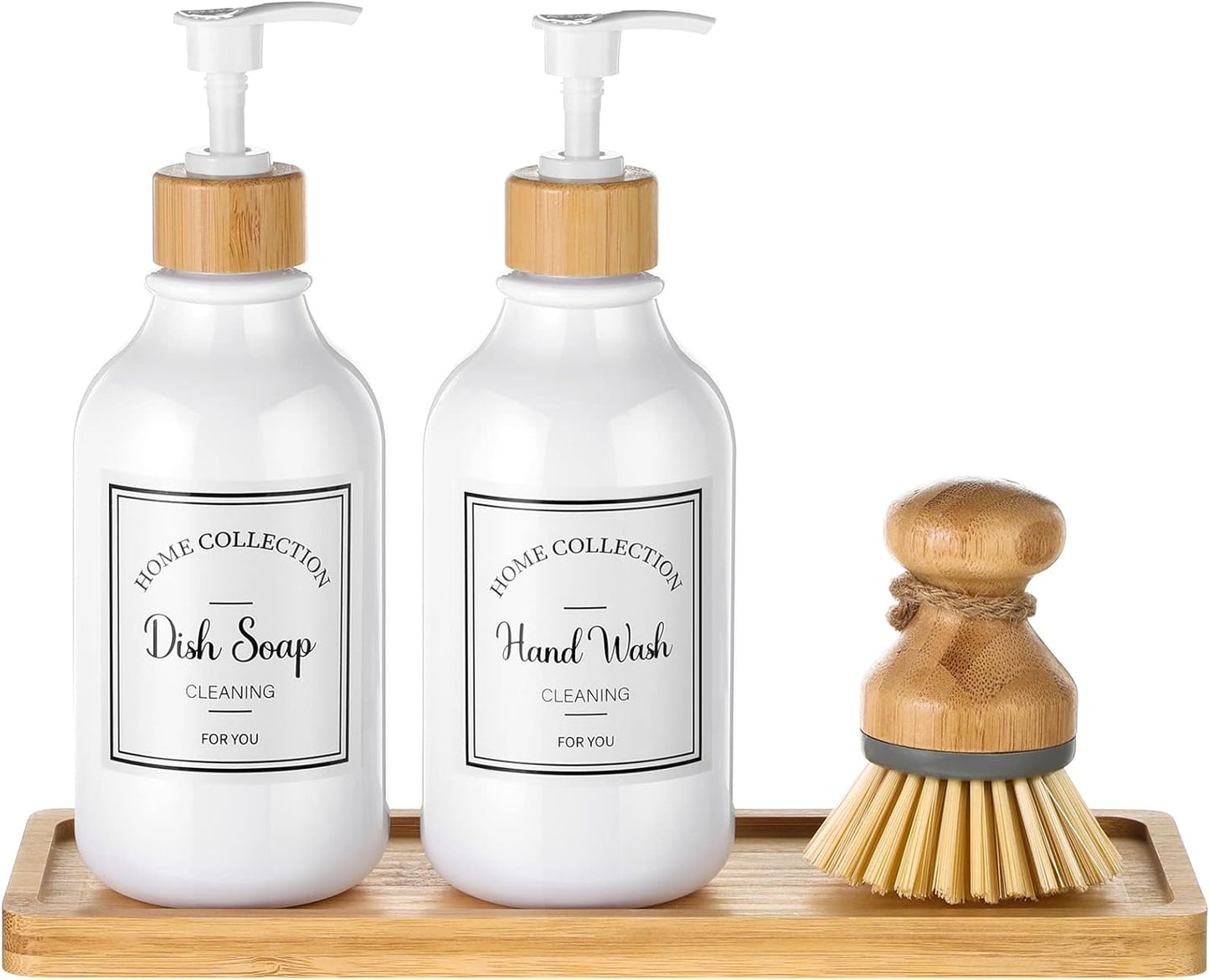 Zopeal 4 Pcs 16 oz Kitchen Soap Dispenser Set with Bamboo Tray and Dish Brush Plastic Soap Dispenser Set with Waterproof Labels for Hand Dish Lotion(Frosted Black)