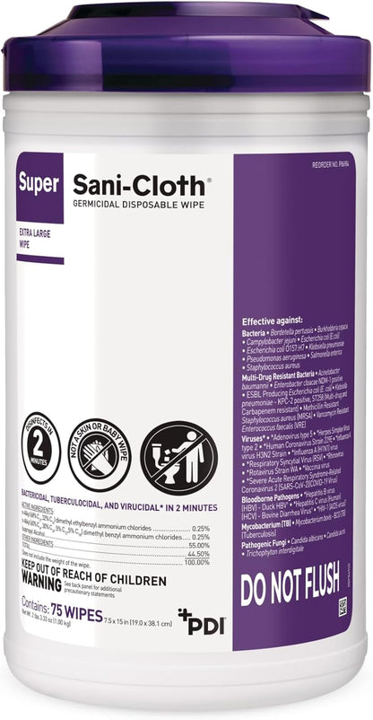 Super Sani- Cloth Germicidal Disposable Wipe, X-Large 5'' x 8'' Wipe, Pop Up Dispenser of 65