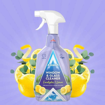 Astonish Streak Free Window & Glass Cleaner Spray Bottle With Vinegar For Deep Cleaning - Eucalyptus & Lemon Scented Home And Bathroom Cleaner - Vegan Cruelty Free Household Cleaning Supplies, 750ml