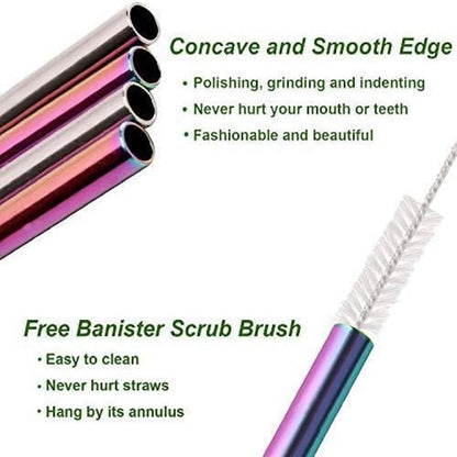 VEHHE Reusable Straws 8 Set Multi Color Stainless Steel Straws - Cleaning Brush for 20 Oz (Rainbow 8.5 inch + 10.5 inch)