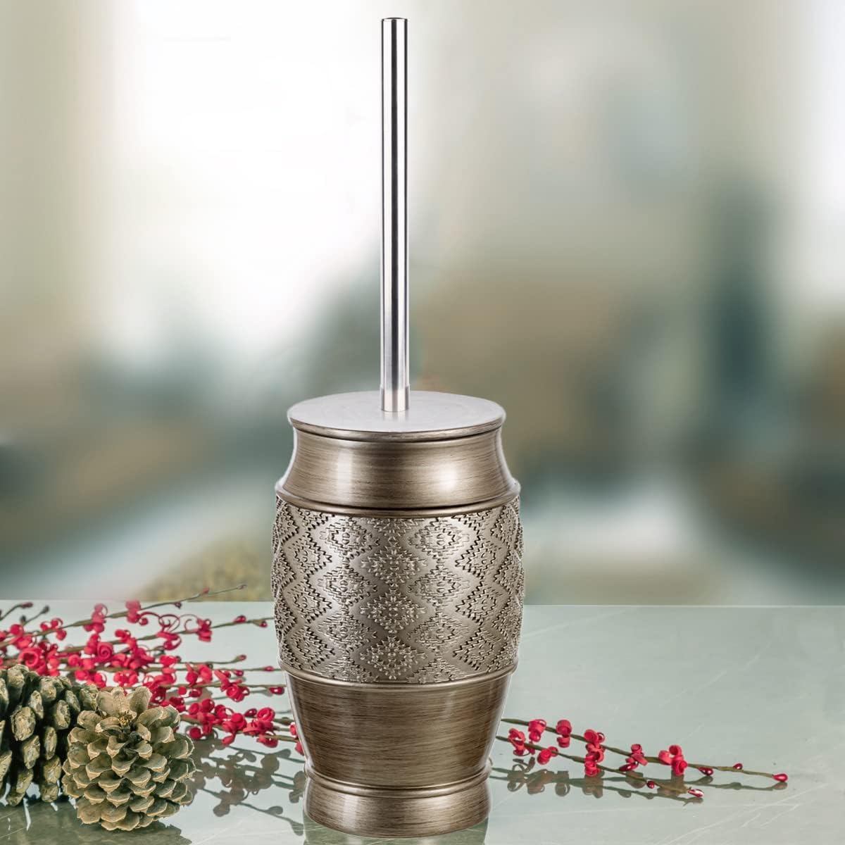Creative Scents Rustic Luxe Toilet Brush and Holder Set - Beige Toilet Bowl Cleaner Brush with Strong Metal Handle - Long Bristles Toilet Bowl Brush and Holder - Rustic Farmhouse Decor