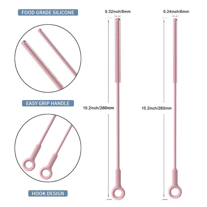 Reusable Silicone Straw Cleaner Brush Set, 2-Pack Extra Long Straw Cleaning Brush for Metal Glass Water Bottle Drinking Straws, Flexible&Bendable Design, Dishwasher Safe, 6mm & 8mm Diameter