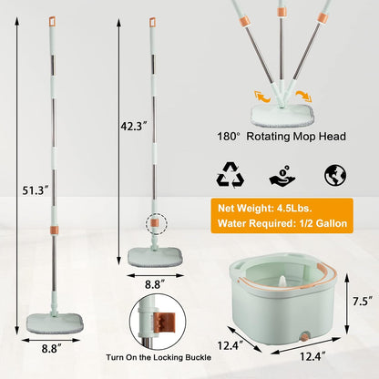 Flat Floor Mop and Bucket System Set with Wringer, Spin Mop and Bucket Separate Clean and Dirty Water with Self Separation for Hardwood, Laminate, Tile, Floor Cleaning, Wet and Dry Use, LightCyan
