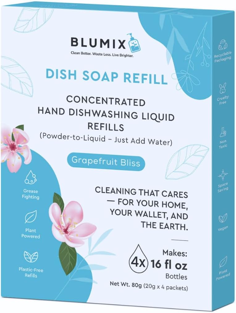 Dish Soap Refill Powder-to-Liquid Concentrate, Just Add Water, Lemon Scent, 4 Packets Make 4 x 16 fl oz Bottles, Grease-Fighting, Plastic-Free