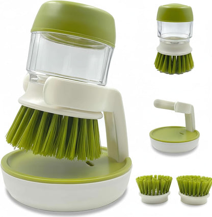 Good Grips Soap Dispensing Palm Brush, Dish Scrub Brush, Kitchen Brushes for Dishes, Kitchen Brush with Holder for Pot Pan Sink Cleaning (Gray)
