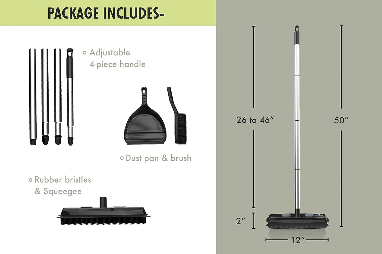 Rubber Bristle Broom and Rubber Squeegee Snap on Dustpan Set with Portable Push Broom Rug Squeegee and Extendable Telescoping Handle for Pet Hair Removal Home Office Fabric Carpet Floor Desk Black