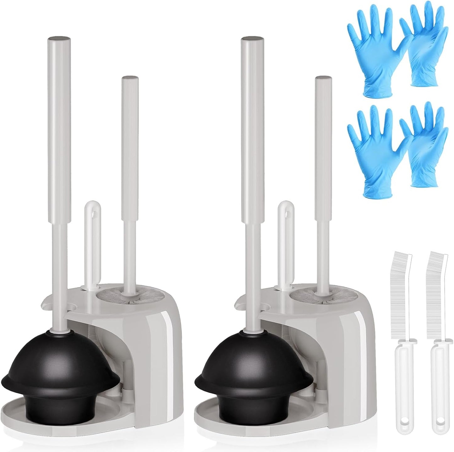 2 Pack 4 in 1 Toilet Brush and Plunger Set with Crevice Cleaning Brush, Toilet Plunger and Brush Set with Extra Long Handle, Plungers for Bathroom Accessories, Toilet Plunger with Holder, Black, Pack