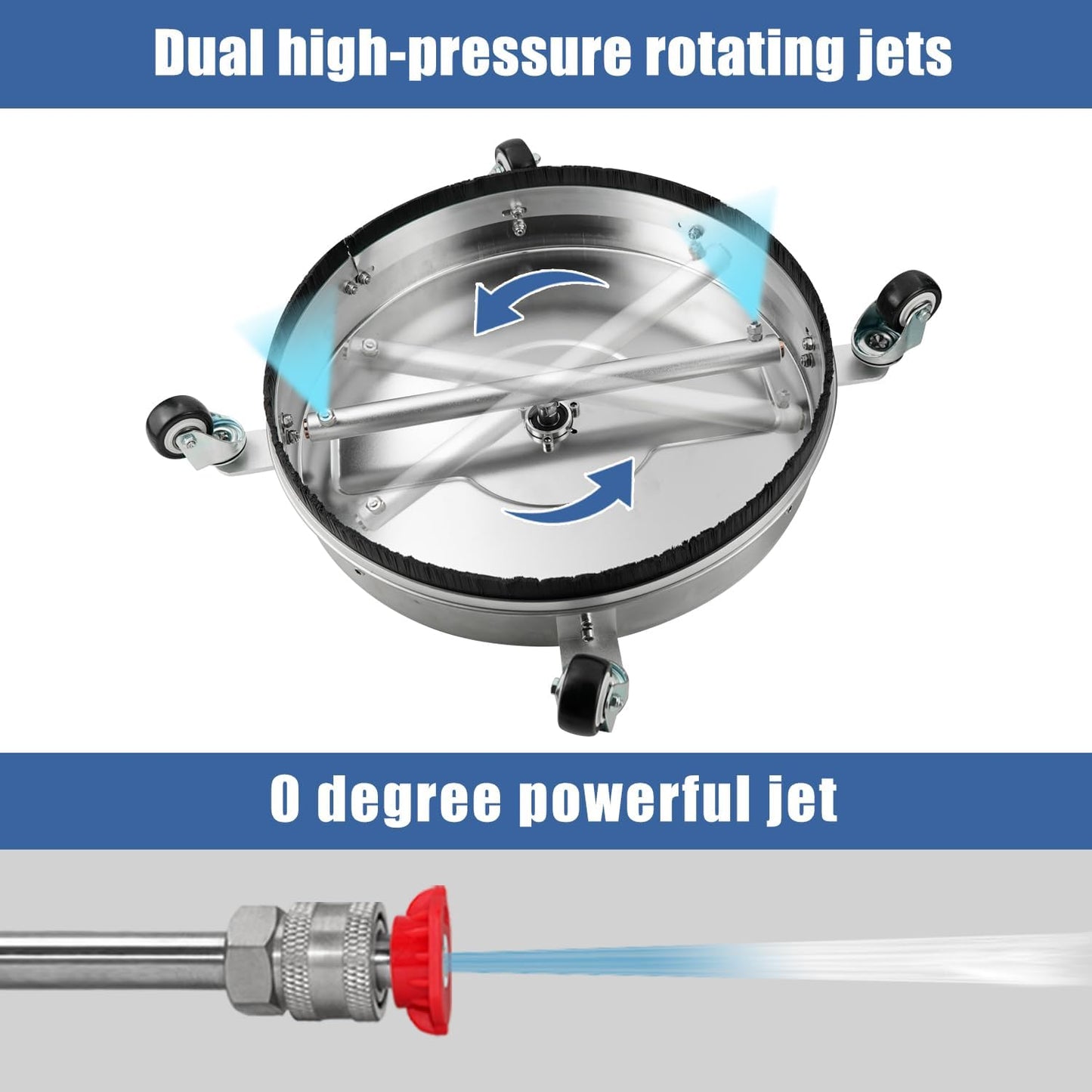 janz 14" Pressure Washer Surface Cleaner with 4 Wheels, Stainless Steel Housing, 1/4" Quick Plug, 2 Extension Wands, 2 Replacement Nozzles and 3 Spray Nozzles, 4000 PSI