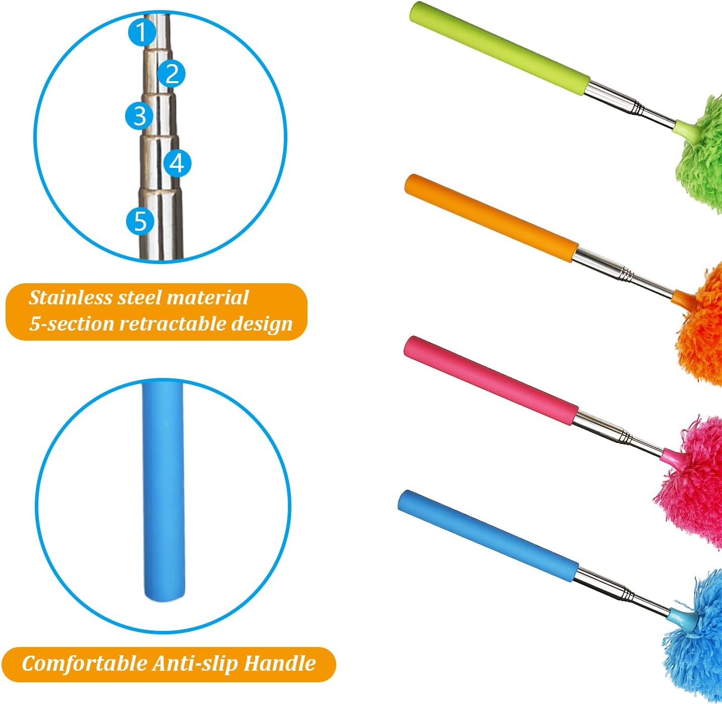4 Pack Microfiber Feather Duster, with Extendable Pole and Bendable Head, Washable Microfibre Cleaning Tool for Cleaning Office, Car, Computer, Furniture, Sofa, Photo Frame