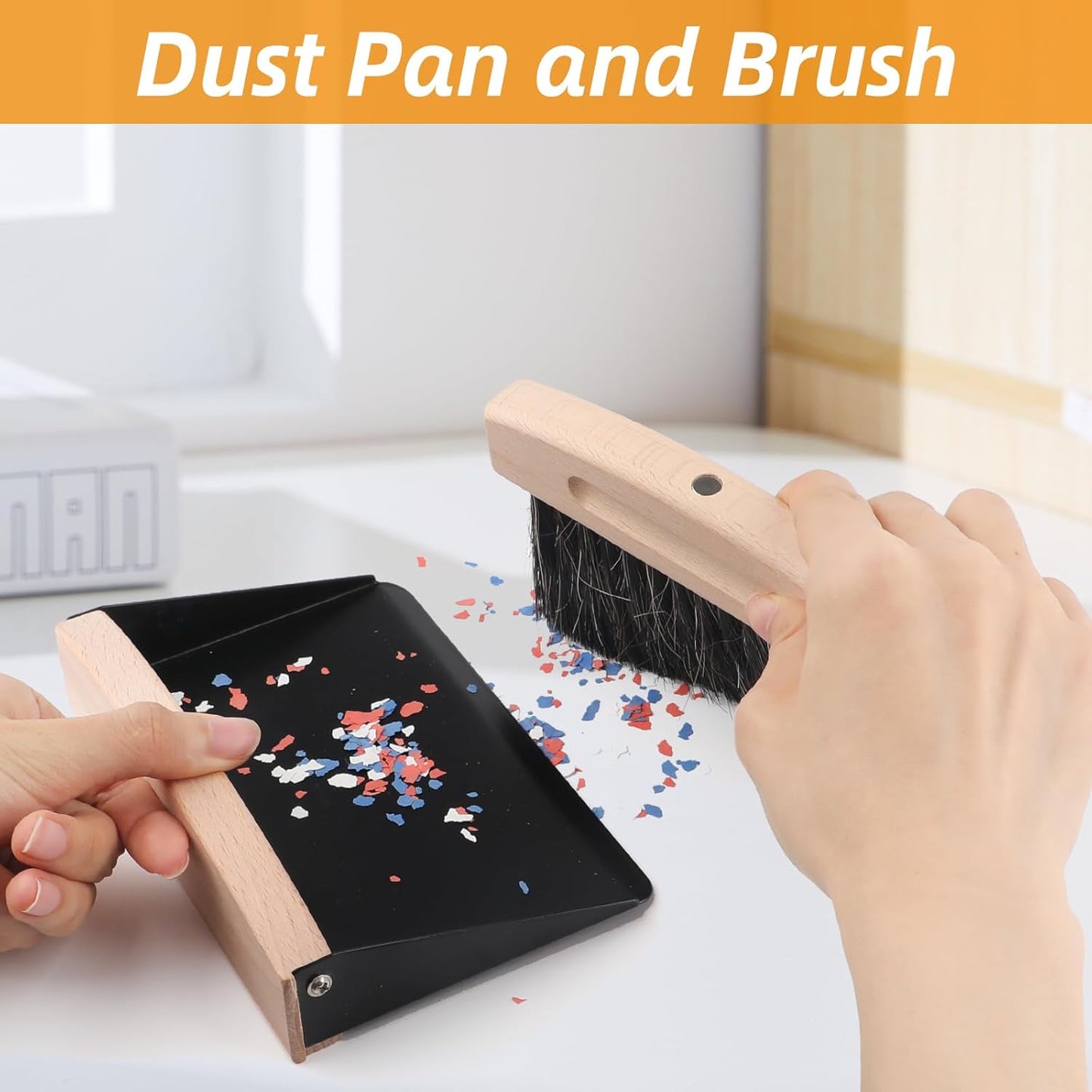 Small Dustpan and Brush Set with Wooden Handle,Mini Metal Crumb Sweeper for Countertops,Desk,Pet Hair,Car,Portable Cleaning Tools for Kitchen,Camping,Sofa (White)