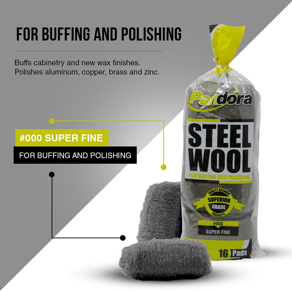 Pandora Steel Wool #2 – Coarse Grade, 16 Pads for Cleaning and Removing - Quality Metal Strands - Ideal to Remove Floor Scuff Marks and Old Wax