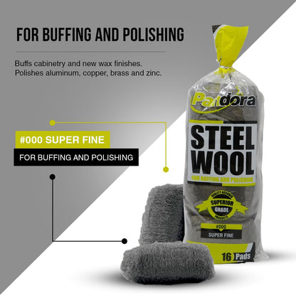 Pandora Steel Wool #2 – Coarse Grade, 16 Pads for Cleaning and Removing - Quality Metal Strands - Ideal to Remove Floor Scuff Marks and Old Wax