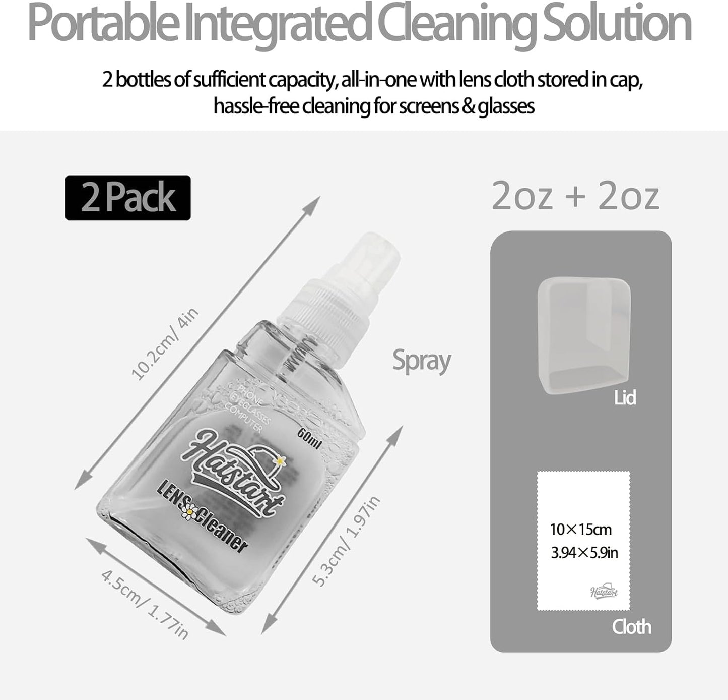 2-Pack Eye Glasses Cleaner Spray, Travel-Sized Screen Cleaning Kit with Touchscreen Mist for iPhone, Sunglasses, Computer, Laptop Screens, Phone Electronics with Eyeglass Cloth and Case Lid - Hatstart