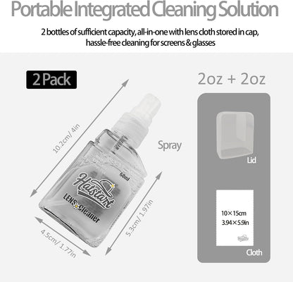 2-Pack Eye Glasses Cleaner Spray, Travel-Sized Screen Cleaning Kit with Touchscreen Mist for iPhone, Sunglasses, Computer, Laptop Screens, Phone Electronics with Eyeglass Cloth and Case Lid - Hatstart